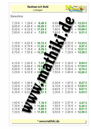 Rechnen mit Geld Addition bis 20€ (III) - ©2011-2019, www.mathiki.de