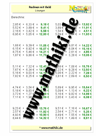 Rechnen mit Geld Addition bis 20€ (VI) - ©2011-2019, www.mathiki.de