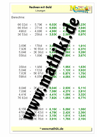 Rechnen mit Geld Subtraktion bis 20€ (VII) - ©2011-2019, www.mathiki.de