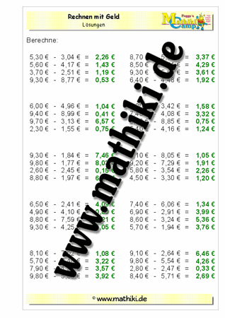 Rechnen mit Geld Subtraktion bis 20€ (IV) - ©2011-2019, www.mathiki.de