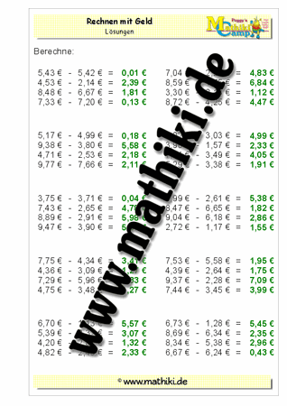 Rechnen mit Geld Subtraktion bis 20€ (VI) - ©2011-2019, www.mathiki.de