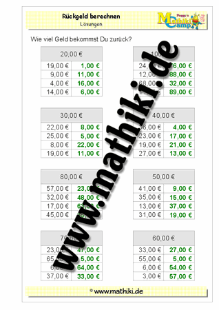 Rückgeld berechnen bis 100€ (II) - ©2011-2019, www.mathiki.de