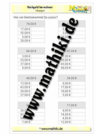 Rückgeld berechnen bis 100€ (IV) - ©2011-2019, www.mathiki.de