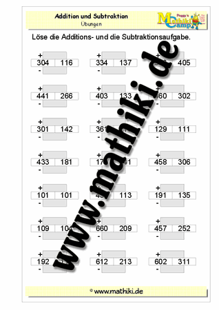Addition und Subtraktion bis 1.000 - ©2011-2016, www.mathiki.de - Ihre Matheseite im Internet