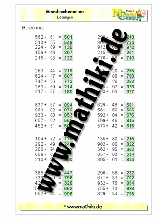 Grundrechenarten HZE mit ZE bis 1.000 - ©2011-2016, www.mathiki.de - Ihre Matheseite im Internet