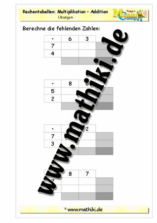 Rechentabellen (Multiplikation / Addition) - ©2011-2016, www.mathiki.de - Ihre Matheseite im Internet