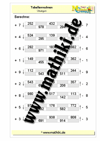 Tabellenrechnen bis 1.000 (Strichrechnung) - ©2011-2016, www.mathiki.de - Ihre Matheseite im Internet