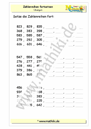 Zahlenreihen üben bis 1000 (I) (Klasse 3) - ©2011-2019, www.mathiki.de