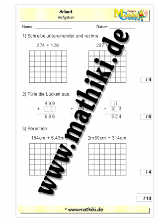 2. Klassenarbeit Mathe (Klasse 3) - ©2011-2019, www.mathiki.de