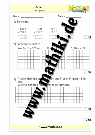 6. Klassenarbeit Mathe (Klasse 3) - ©2011-2019, www.mathiki.de