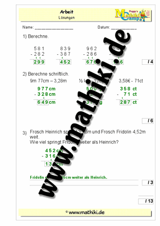6. Klassenarbeit Mathe (Klasse 3) - ©2011-2019, www.mathiki.de