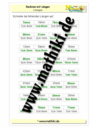 Fehlende Längen in Tabelle cm-mm - ©2011-2016, www.mathiki.de - Ihre Matheseite im Internet