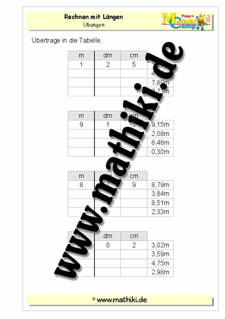Längen in Stellenwerttafel - ©2011-2016, www.mathiki.de - Ihre Matheseite im Internet