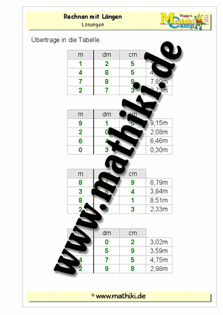 Längen in Stellenwerttafel - ©2011-2016, www.mathiki.de - Ihre Matheseite im Internet