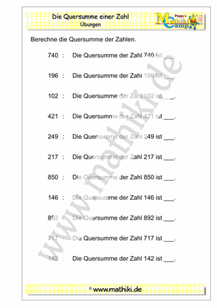 Quersumme berechnen bis 1000 (Klasse 3) - ©2018, www.mathiki.de