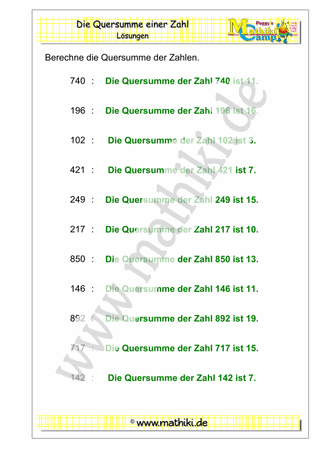 Quersumme berechnen bis 1000 (Klasse 3) - ©2018, www.mathiki.de