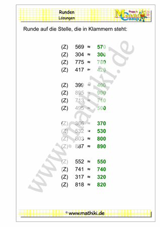 Runden auf Zehner, Hunderter bis 1000 (I) (Klasse 3)- ©2018, www.mathiki.de