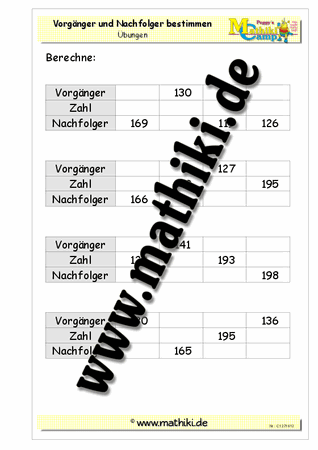 Vorgänger / Nachfolger bis 1000 - ©2011-2018, www.mathiki.de