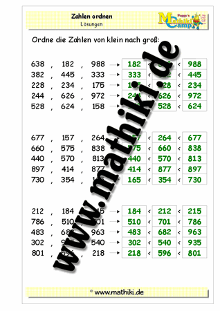 Zahlen ordnen bis 1000 - ©2011-2018, www.mathiki.de