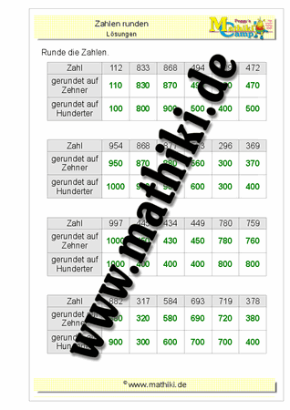 Runden auf Zehner, Hunderter bis 1000 (III) - ©2011-2018, www.mathiki.de