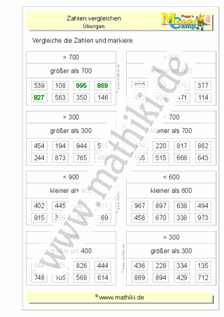 Zahlen vergleichen bis 1000 (II) (Klasse 3) - ©2011-2019, www.mathiki.de