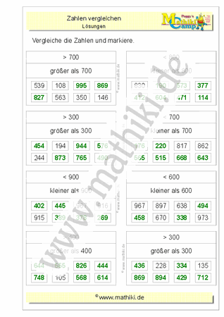 Zahlen vergleichen bis 1000 (II) (Klasse 3) - ©2011-2019, www.mathiki.de