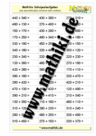 Schnipselaufgaben: Addition HZ0 + HZ0 - ©2011-2016, www.mathiki.de - Ihre Matheseite im Internet