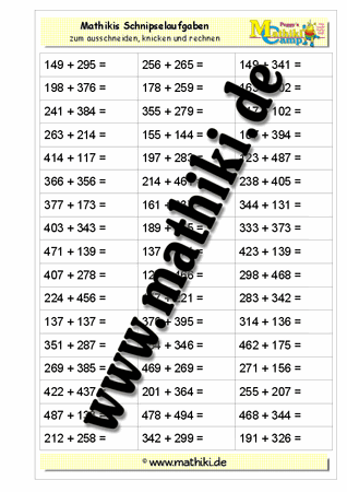 Schnipselaufgaben: Addition HZE + HZE - ©2011-2016, www.mathiki.de - Ihre Matheseite im Internet