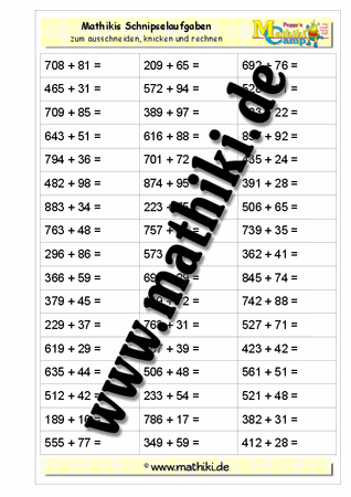 Schnipselaufgaben: Addition HZE + ZE - ©2011-2016, www.mathiki.de - Ihre Matheseite im Internet