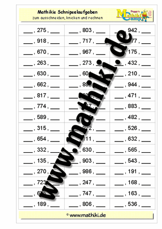 Schnipselaufgaben: Nachbarzahlen bis 1.000 - ©2011-2016, www.mathiki.de - Ihre Matheseite im Internet