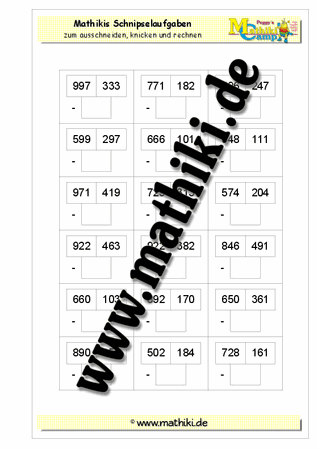 Schnipselaufgaben: Zahlenmauer Subtraktion bis 1.000 - ©2011-2016, www.mathiki.de - Ihre Matheseite im Internet