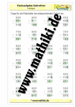 Klecksaufgaben Subtraktion bis 1000 - ©2011-2019, www.mathiki.de