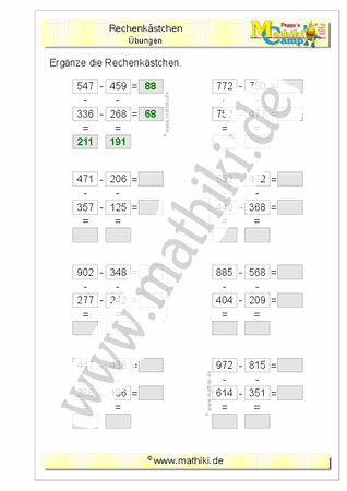 Rechengitter Subtraktion bis 1000 (III) (Klasse 3) - ©2011-2020, www.mathiki.de