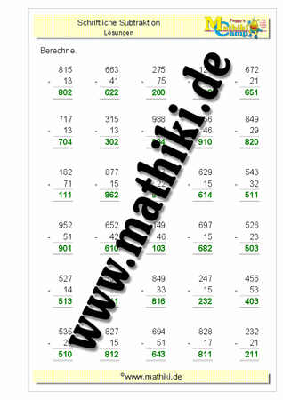 Schriftliche Subtraktion (HZE-HZE) o. Übergang (Klasse 3) - ©2011-2017, www.MATHiki.de