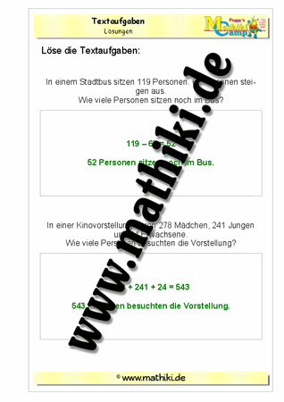 Klasse 3: Textaufgaben zur Addition und Subtraktion - ©2011-2016, www.mathiki.de - Ihre Matheseite im Internet