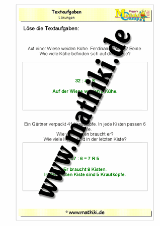 Klasse 3: Textaufgaben zur Division - ©2011-2016, www.mathiki.de - Ihre Matheseite im Internet