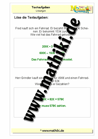 Klasse 3: Textaufgaben zum Rechnen mit Geld - ©2011-2016, www.mathiki.de - Ihre Matheseite im Internet