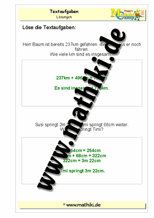 Klasse 3: Textaufgaben zum Rechnen mit Längen - ©2011-2016, www.mathiki.de - Ihre Matheseite im Internet
