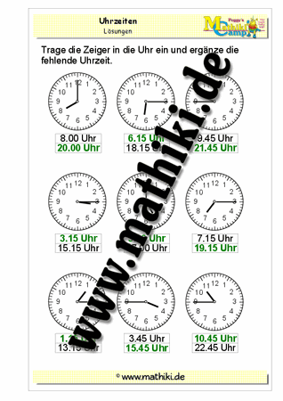 Zeiger einzeichnen / Uhrzeit berechnen - ©2011-2016, www.mathiki.de - Ihre Matheseite im Internet