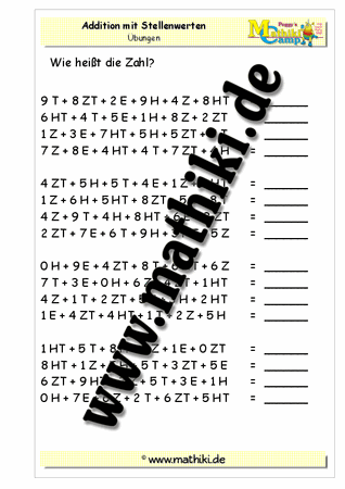 Addition mit Stellenwerten bis 1 Million - ©2011-2016, www.mathiki.de - Ihre Matheseite im Internet