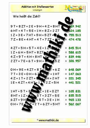 Addition mit Stellenwerten bis 1 Million - ©2011-2016, www.mathiki.de - Ihre Matheseite im Internet