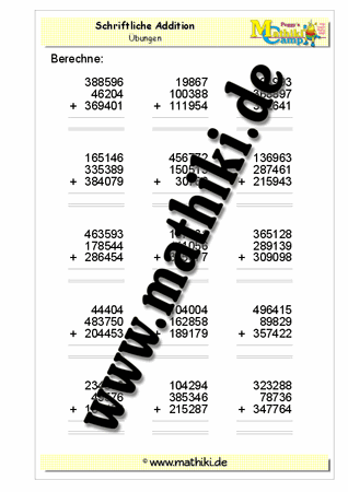 Schriftliche Addition − drei Zahlen bis 1 Million - ©2011-2016, www.mathiki.de - Ihre Matheseite im Internet