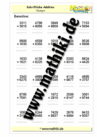 Schriftliche Addition bis 1 Million - ©2011-2016, www.mathiki.de - Ihre Matheseite im Internet