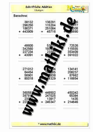 Schriftliche Addition − vier Zahlen bis 1 Million - ©2011-2016, www.mathiki.de - Ihre Matheseite im Internet