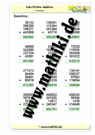 Schriftliche Addition − vier Zahlen bis 1 Million - ©2011-2016, www.mathiki.de - Ihre Matheseite im Internet