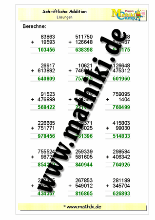 Schriftliche Addition bis 1 Million - ©2011-2016, www.mathiki.de - Ihre Matheseite im Internet