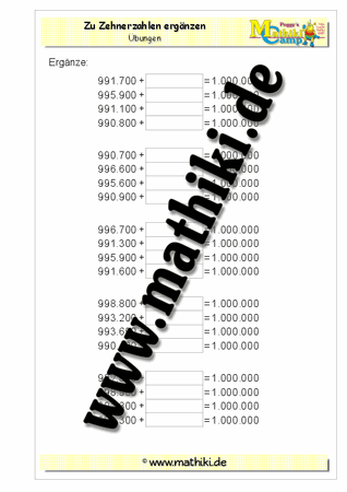 Zahlen ergänzen bis 1 Million - ©2011-2016, www.mathiki.de - Ihre Matheseite im Internet