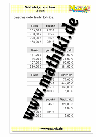 Fehlende Geldbeträge − HZE€ - ©2011-2016, www.mathiki.de - Ihre Matheseite im Internet