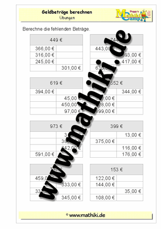 Geldbeträge berechnen − HZE€ - ©2011-2016, www.mathiki.de - Ihre Matheseite im Internet