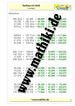 Rechnen mit Geld Addition gemischt - ©2011-2016, www.mathiki.de - Ihre Matheseite im Internet
